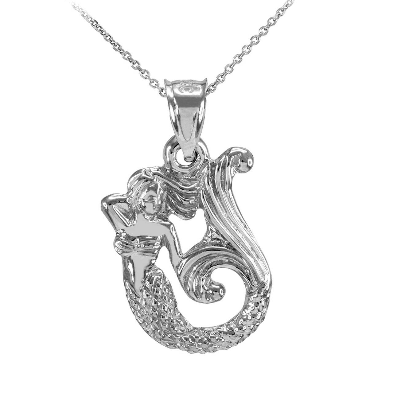 14K Solid White Gold Textured Fairytale Mermaid Pendant Necklace