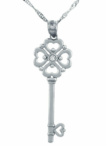 14k White Gold Valentines Special Heart Round Diamond Key Pendant Necklace