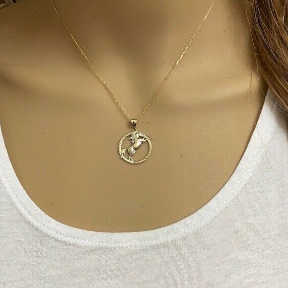 14K Solid Yellow Gold Stallion Horse Rope Pendant Necklace