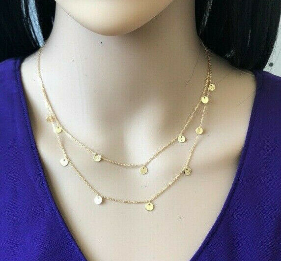 14K Solid Yellow Gold Layer Text Pol Disk Disc Double Strand BIB Necklace