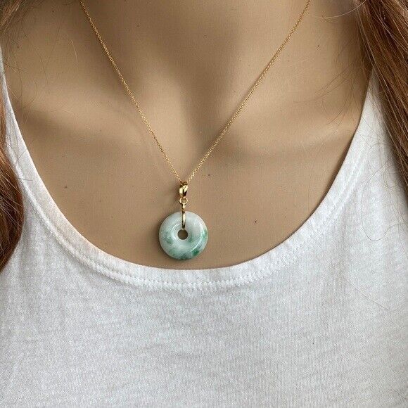14K Solid Yellow Gold Small Round Donut Natural Jade Pendant Necklace