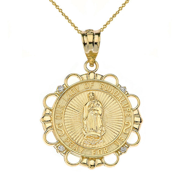 10k Solid Gold Diamond Our Lady of Guadalupe Pray For Us Pendant Necklace