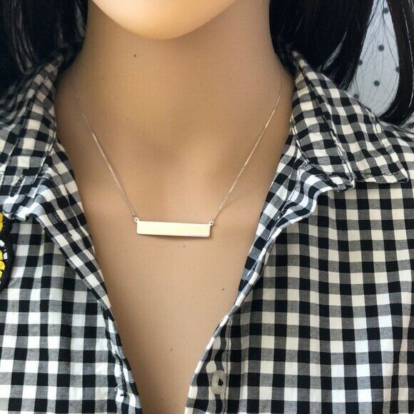 14K Solid White Gold Geometric Bar Name Plate Engravable Adjustable Necklace