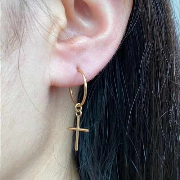 14K Yellow Gold Hoop Dangle Cross Earrings