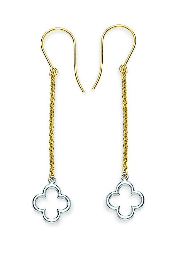 14K Solid Gold Two-Tone Chain Clover Drop Dangle Earrings