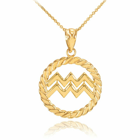10K Solid Gold Aquarius Zodiac Sign Circle Rope Pendant Necklace