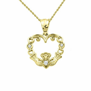Solid 14k Yellow Gold 0.02 CTW Diamond Claddagh Open Heart Pendant Necklace