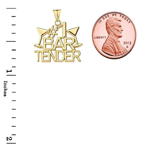 10K Solid Gold #1 Bartender Pendant Necklace - Yellow, Rose, White