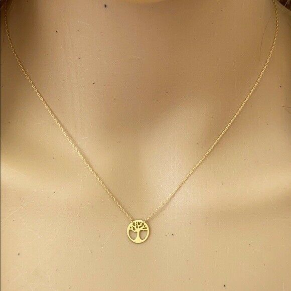14K Solid Real Gold Cut Out Tree of Life Disk Mini Disc Necklace - Minimalist