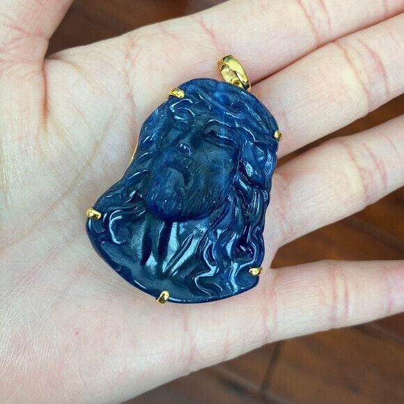 14K Real Solid Gold Carving Jesus Sodalite Christ Head Pendant Charm Large