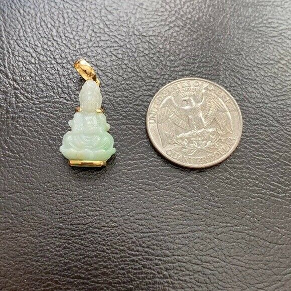 14K Solid Gold Guanyin Kwan Yin Buddha Natural Jade Pendant -Small Kid Size