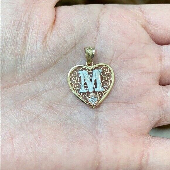 10k Solid Gold Initial Letter M Heart Filigree CZ Pendant Necklace