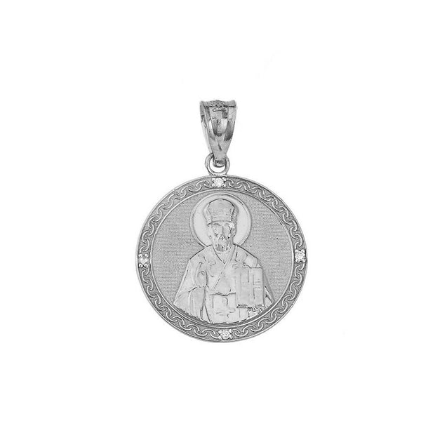 Sterling Silver CZ St. Saint Nicholas Pray for Us Medallion Pendant Necklace