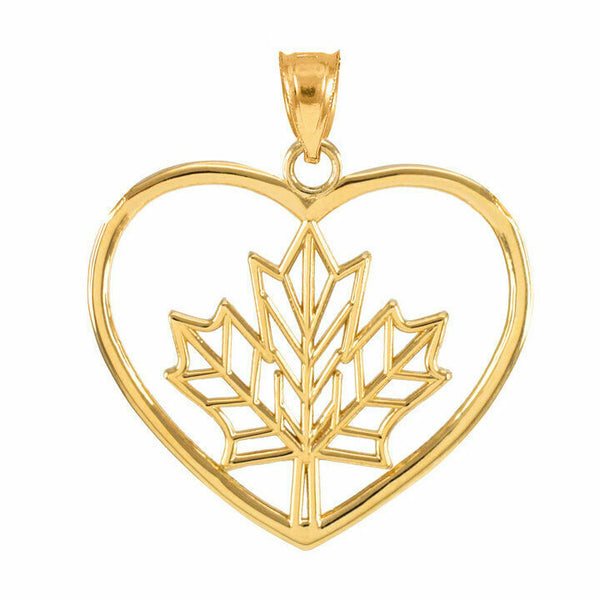 14K Solid Yellow Gold Maple Leaf Open Heart Shape Pendant Necklace