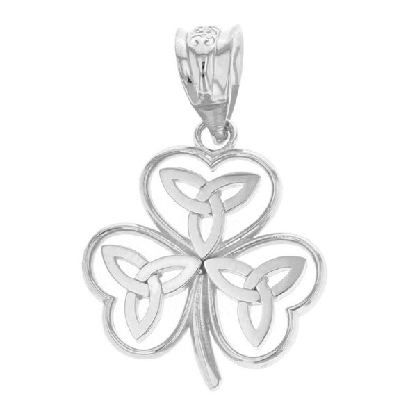 14k Solid White Gold Celtic Trinity Knot Shamrock Pendant Necklace