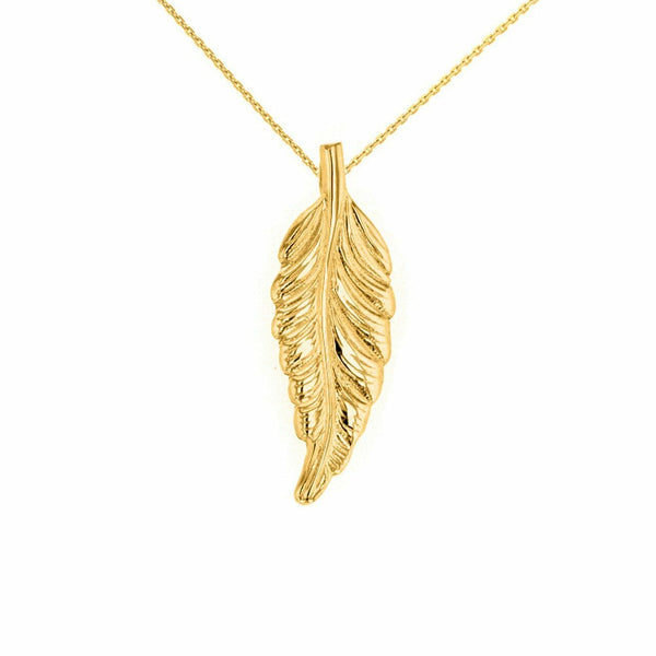 14k Yellow Gold Solid Bohemia Boho Feather Pendant Necklace