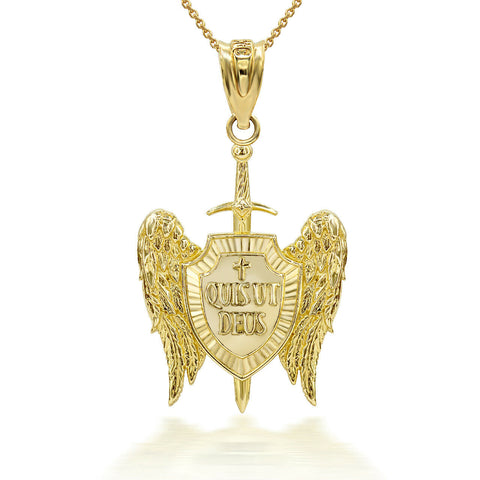 14K Solid Gold Saint Michael Sword and Shield “Quis ut Deus? Pendant Necklace 3D