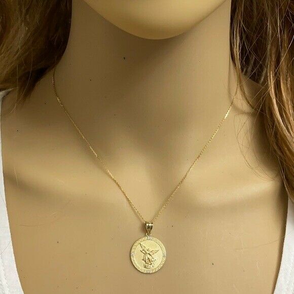 10k Gold St. Saint Michael Archangel Double Side Prayer Diamond Pendant Necklace