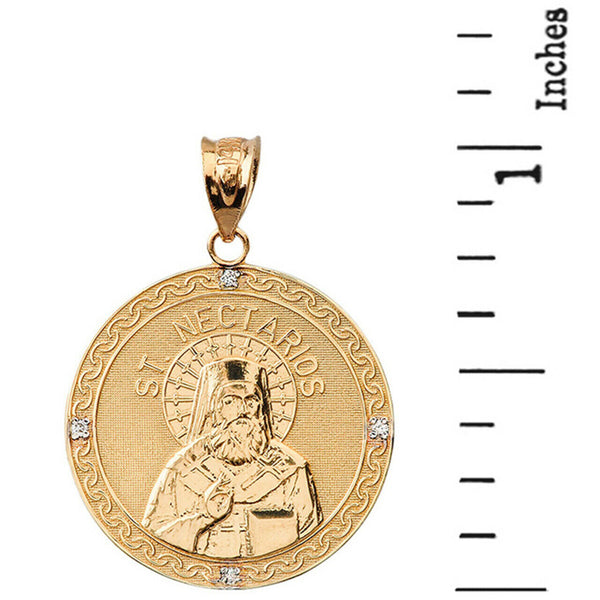 Solid Gold Orthodox Saint Nectarios Aegina Diamond Medallion Pendant Necklace