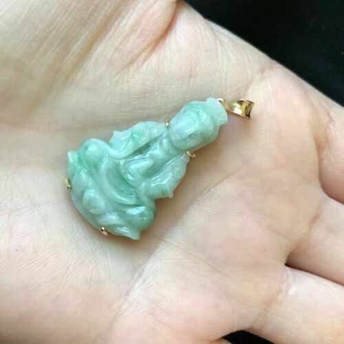 18K Solid Gold Happy Kwan Yin Guanyin Buddha Female Jade Pendant Small