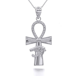 .925 Sterling Silver Textured Ankh Cross Eye of Horus Pendant Necklace