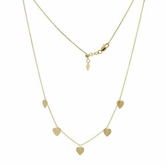 14K Solid Yellow Gold 5 Dangle Heart Choker Adjustable Necklace