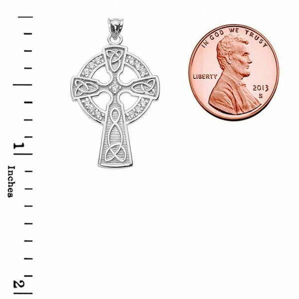 Solid 14k White Gold Diamond Trinity Knot Celtic Cross Pendant Necklace
