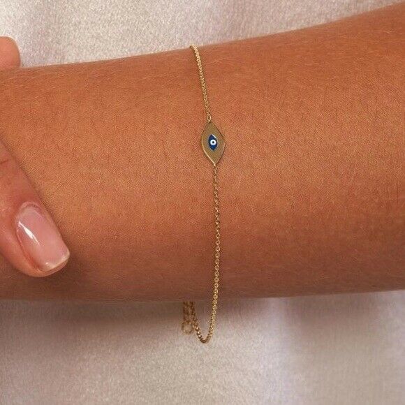 14K Solid Yellow Real Gold Mini Evil Eye Dainty Bracelet Adjustab;e  7"-7.5"