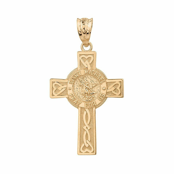 14k Solid Gold St. Saint Michael Pray For Us Celtic Heart Cross Pendant Necklace