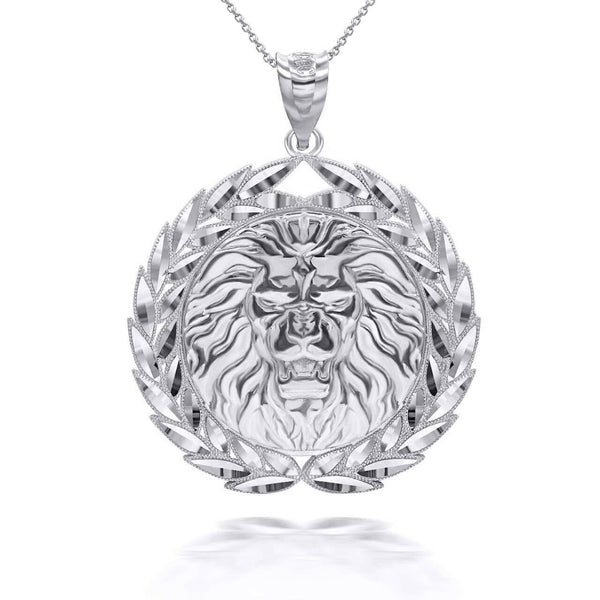 .925 Sterling Silver Lion Mane Head Laurel Wreath Pendant Necklace