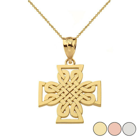 14K Solid Gold Religious Woven Celtic Knot Cross Unique Style Pendant Necklace