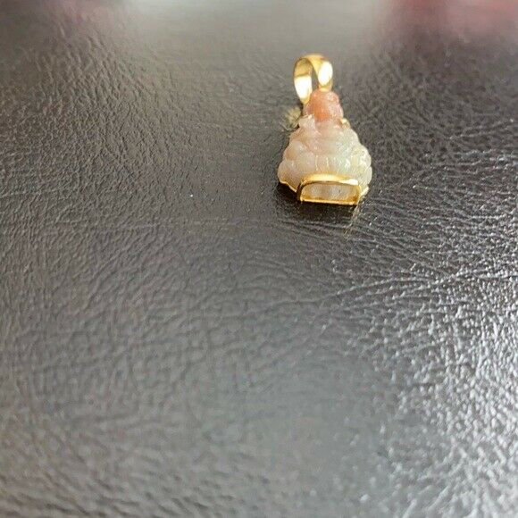 14K Solid Gold Happy Kwan Yin Guanyin Buddha Female Red Jade Pendant Small Kid