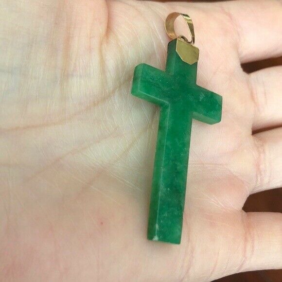 14K Solid Gold Green Jade Cross Pendant / Charm Dainty Adjustable Necklace