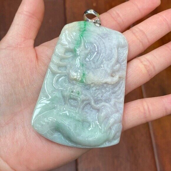925 Sterling Silver Carving Jade Dragon Large Pendant Necklace Heavy