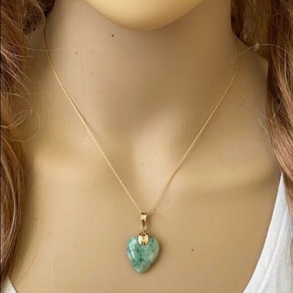 14K Solid Real Gold Genuine Natural Jadeite Jade Heart Pendant Necklace Small