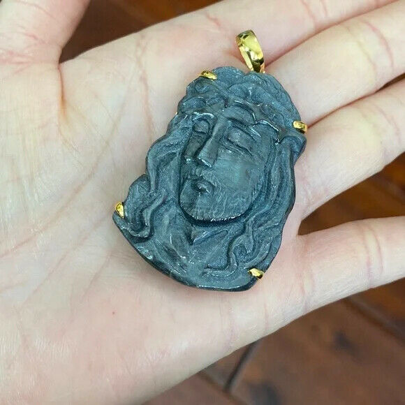14K Real Solid Gold Natural Sapphire Carved Jesus Christ Head Face Pendant Large