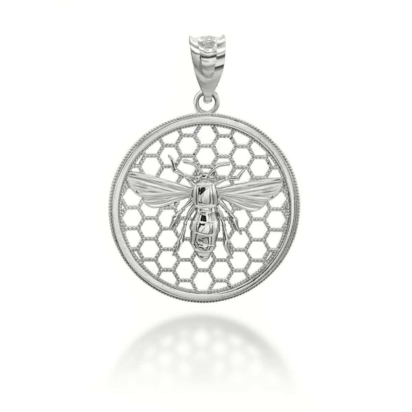 925 Streling Silver Queen Bee Honey Comb Pendant Necklace 16", 18", 20", 22"