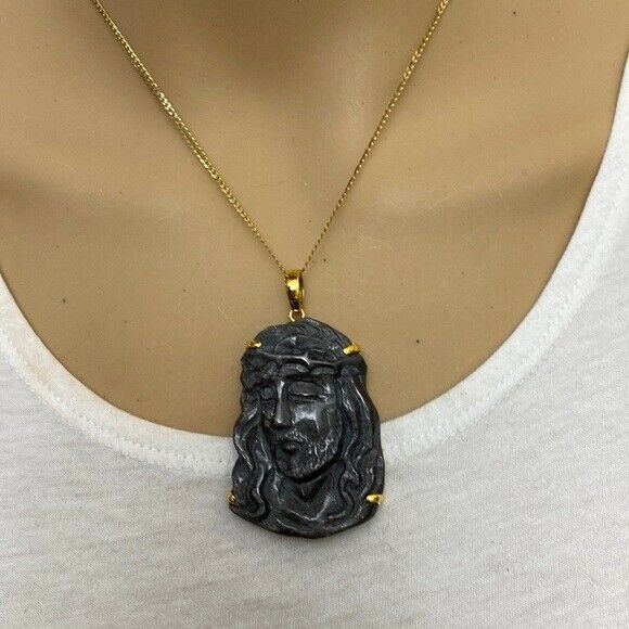 14K Real Solid Gold Natural Sapphire Carved Jesus Christ Head Face Pendant Large