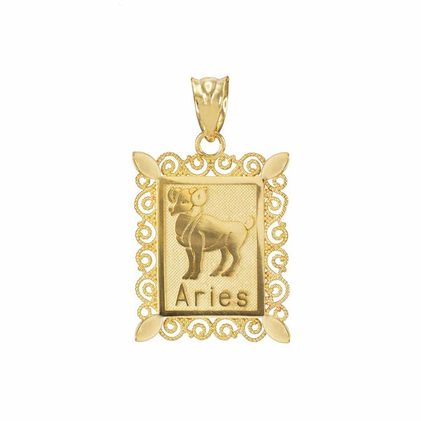 10k Solid Gold Aries Zodiac Sign Filigree Rectangular Pendant Necklace