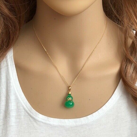 14K Solid Gold Green Jade Gourd Bottle Pendant / Charm Adjustable Necklace