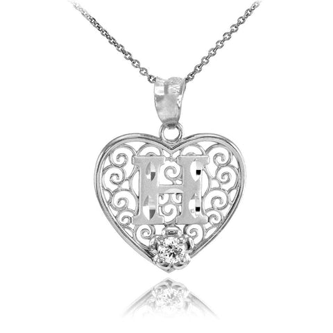 925 Sterling Silver Filigree Heart CZ Initial Letter H Pendant Necklace