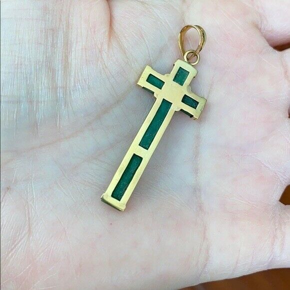 14K Solid Real Yellow Gold Cross Jade Charm Pendant - P35