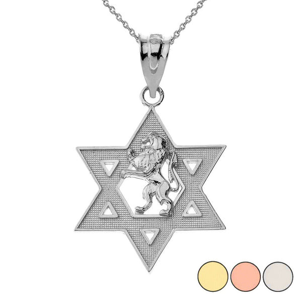 10k Solid Gold Star of David with Lion of Judah Pendant Necklace