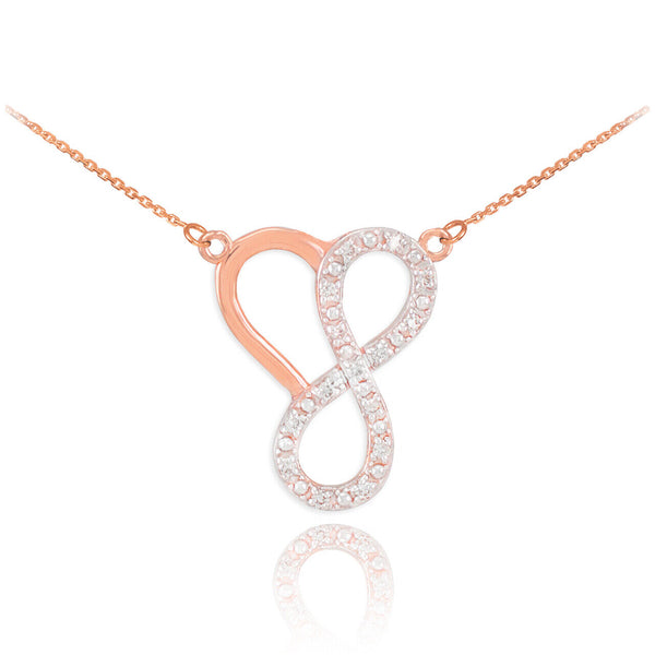 14K Solid Gold Infinity Heart Diamond Pendant Necklace - Yellow, Rose, or White