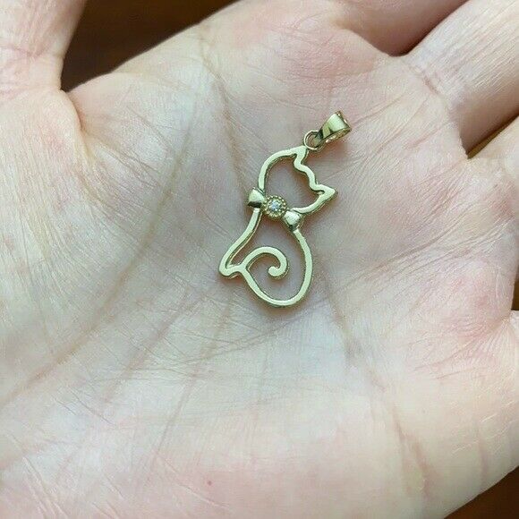 Solid 14k Rose Gold Openwork Diamond Cat Pendant Necklace