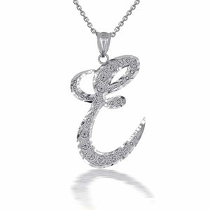 925 Sterling Silver Cursive Initial Letter E Pendant Necklace
