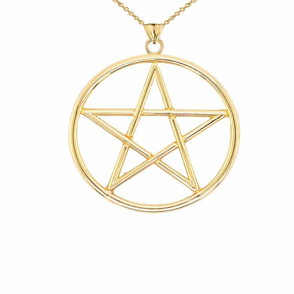 Solid 14k Yellow Gold Large Pentagram Friendship Pendant Necklace