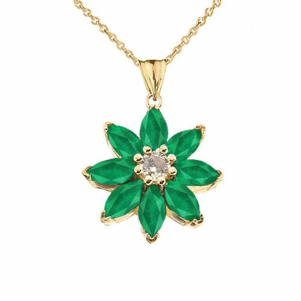 Solid 14k Yellow Gold Genuine Emerald and Diamond Daisy Pendant Necklace
