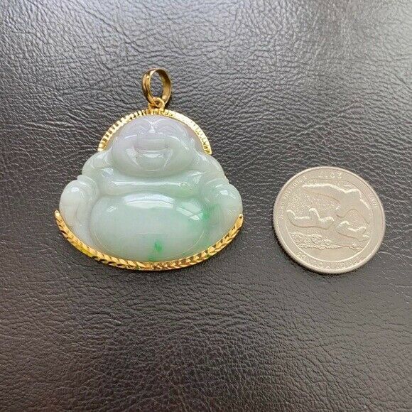 14K Real Gold Natural Jadeite Jade Happy Laughing Buddha Pendant Male Charm