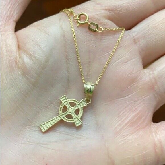 Solid 14k Yellow Gold Irish Celtic Trinity Cross 1" Pendant Necklace